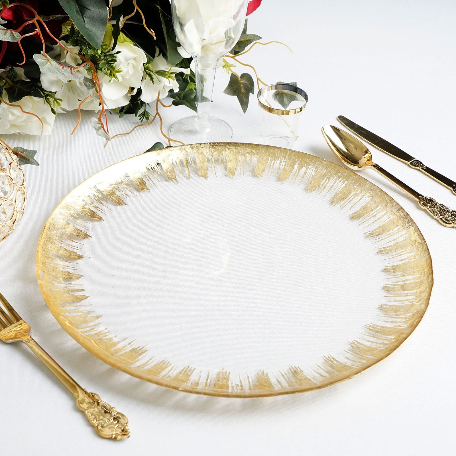 Efavormart 8 Pack 13 Glass Charger Plates Reusable Gold Rim Charger 