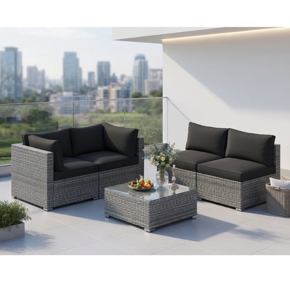 Resenkos 5-Piece Black & Gray Outdoor Patio Sectional Sofa Set with Tempered Glass Coffee Table, PE Rattan & Metal Frame, All-Weather Cushions & Pillows