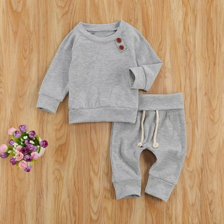 

Simplmasygenix Baby Tops Set Summer Outfits Newborn Baby Boys Girls Solid Knitted Tops+Lacing Pants Pajamas Sleepwear Sets