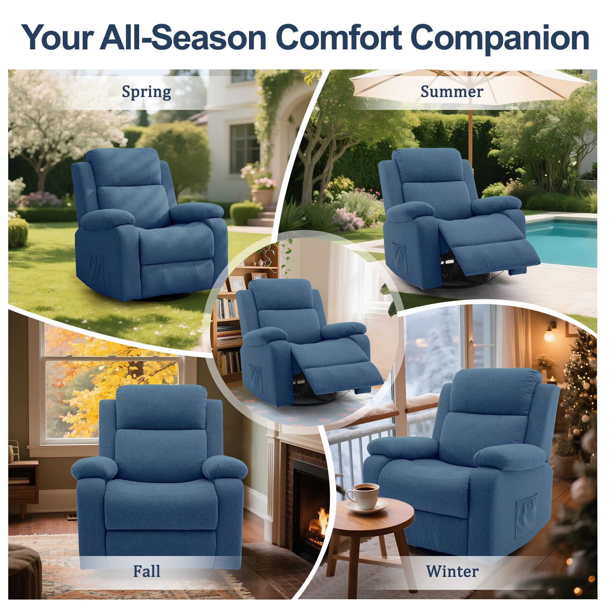 Korser Swivel Rocker Recliner Chair for Adults with Massage and Heat,Upholstered Manual Recliner with Side Pockets Glider Recliner for Living Room,Linen,Blue