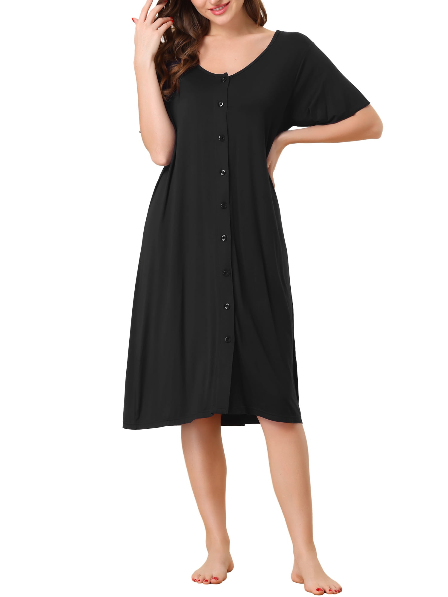 Unique Bargains Womens Modal Nightshirt Soft Button Down Short Sleeve Nightgown