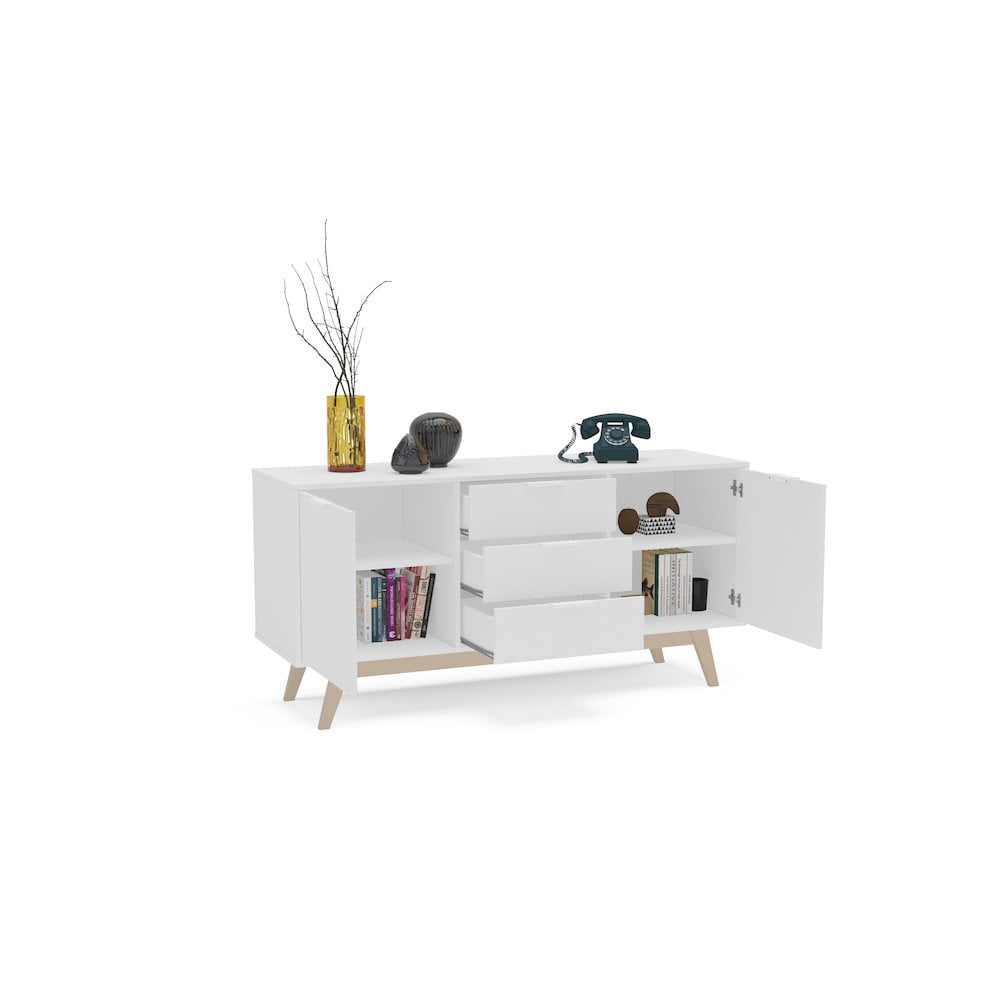 Polifurniture Shard 59 in. Sideboard with 2 Shelves & 3 Drawers, White & Oak