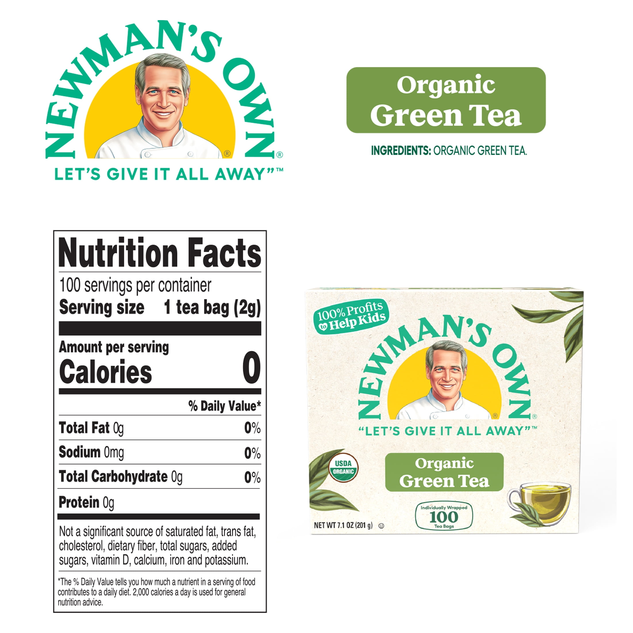 Newman's Own Organic Green Tea, Green Tea with 100 Individually Wrapped Tea Bags Per Box (Pack of 5) USDA Certified Organic Contains Caffeine Brew Hot
