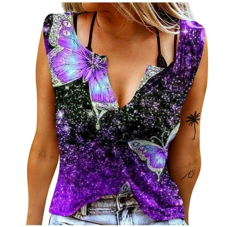 

SMihono Summer Sexy Tank Shirts for Women Loose Casual Leisure Blouse Classic Body Suits Trendy 2023 Sleeveless Tanks Comfy Cute Floral Camis Buttons Split V Neck Ring Hole Shirts Purple 6