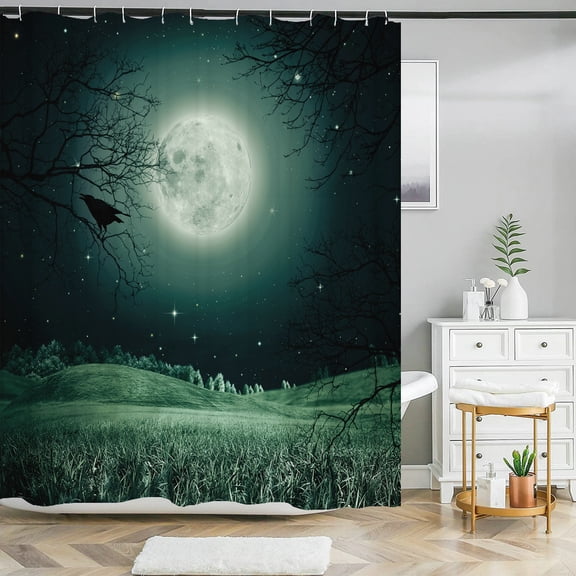 Full Moon Shower Curtain Ocean Landscape Starry Sky Waterproof Fabric Shower Cur
