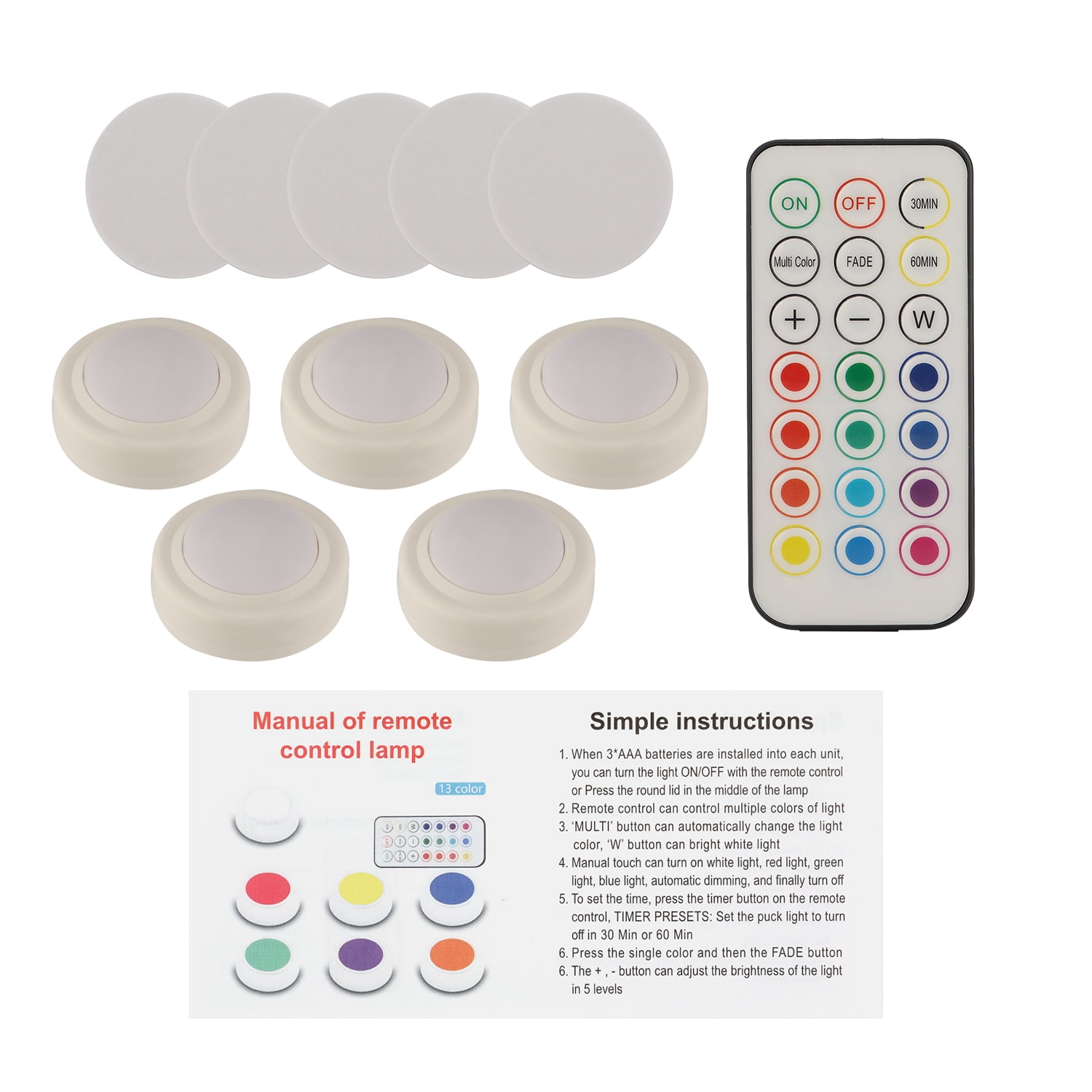 5Pack Color Changing RGB LED Puck Lights with Remote CSGY37