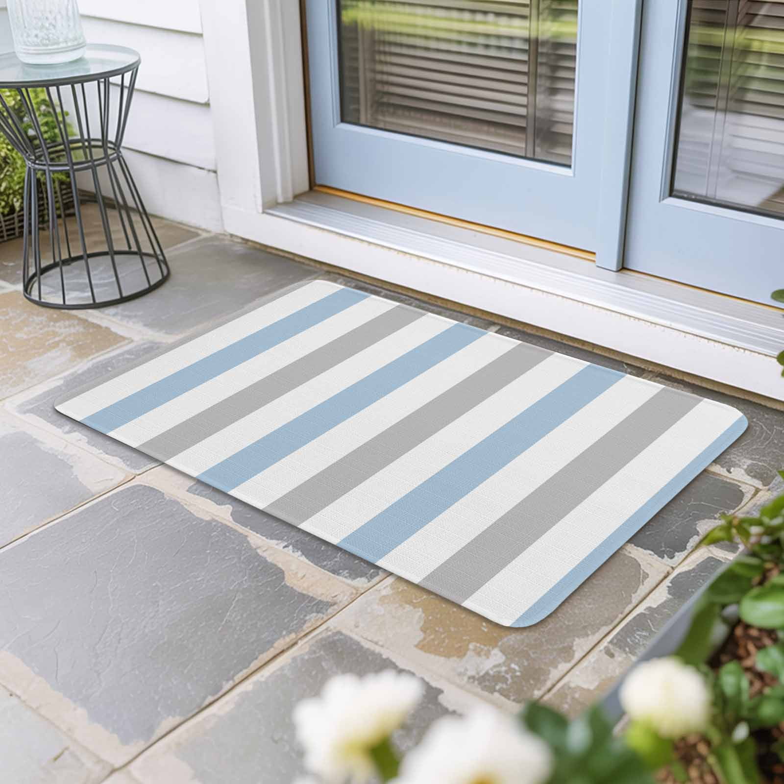 Light Blue Grey Stripe Doormat Outdoor Entrance 18"x30", Modern Farmhouse Vertical Striped Absorb Moisture Dirt Door Mats, Non-Slip Rubber Backing Floor Mats Indoor, Low-Profile Front Door Rugs