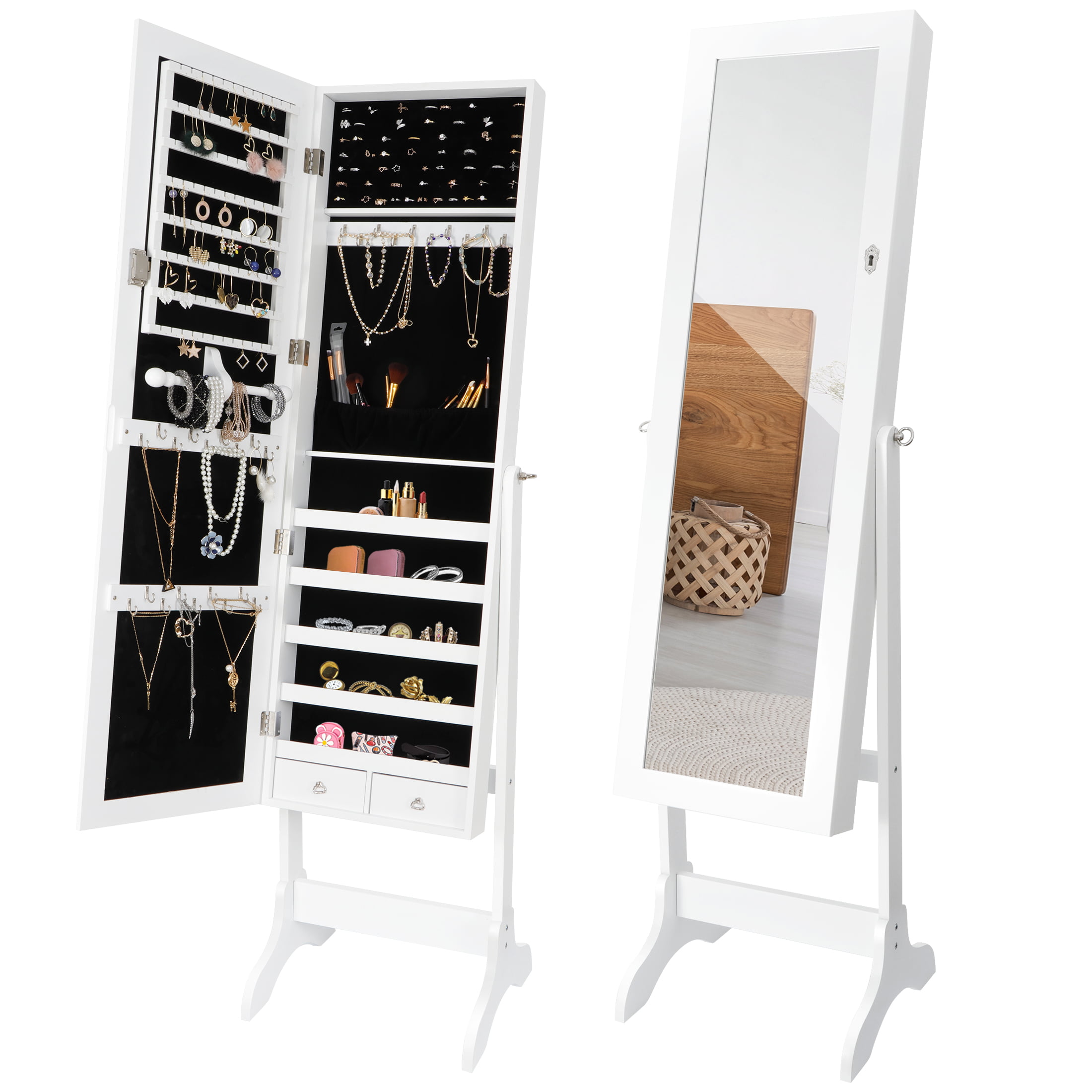 Full Length Mirror Cabinet Makeup Jewellery Collection Storage Box with 2 Drawer 