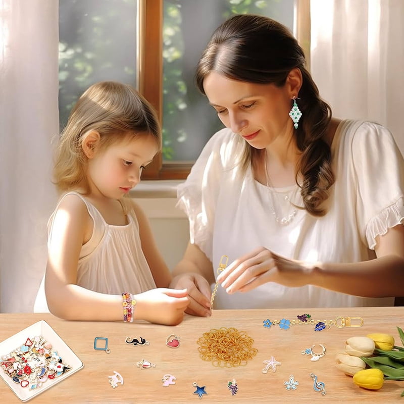 Keychain Making Kit w/Charms Jump Rings Hole Punch Pliers for DIY Crafting and Jewelry Making