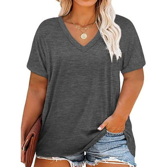 TIYOMI Womens Plus Size Shirts 2X Basic Summer Tops Short Sleeve Dark Grey Blouses V Neck Casual Solid Color Tees Casual Loose Fit 2XL 18W 20W