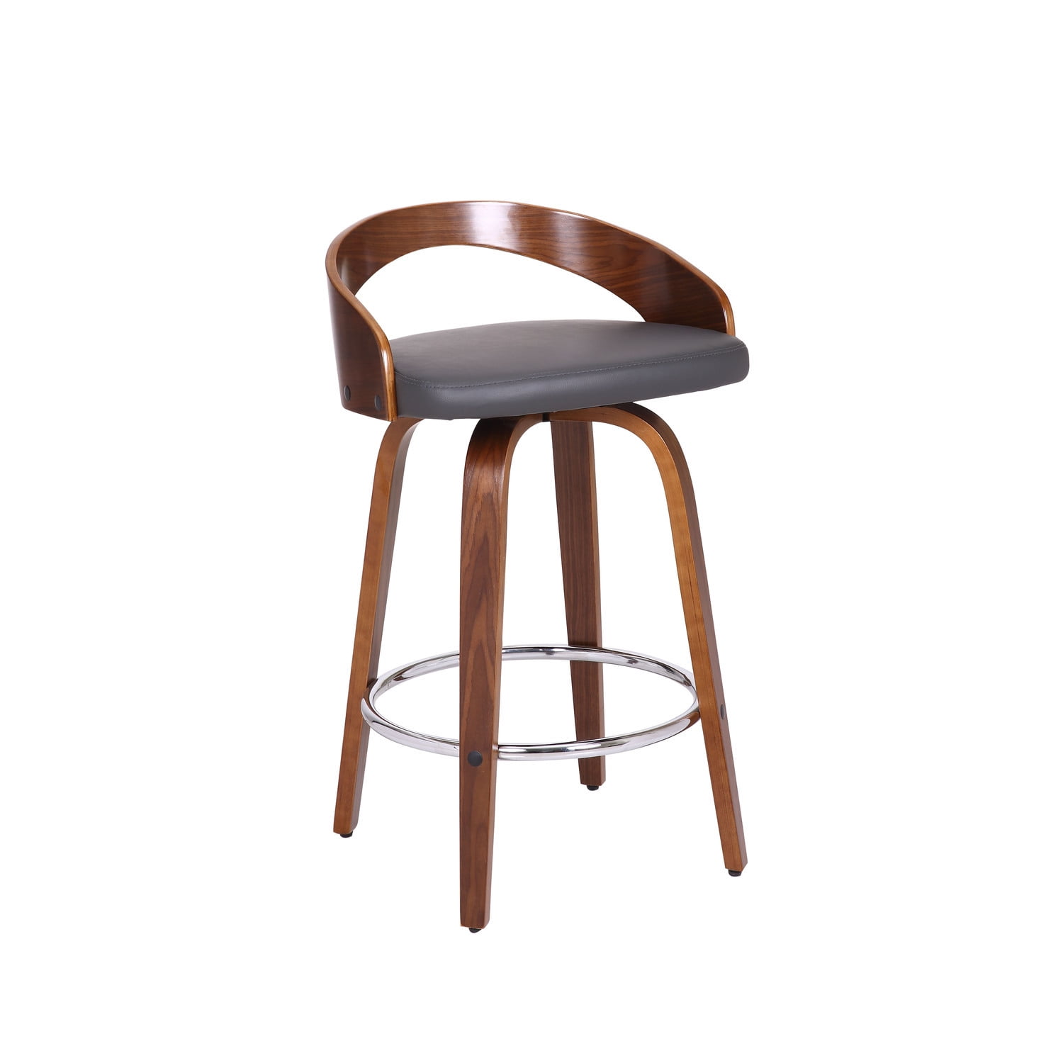 Sonia 26" Counter Height Swivel Gray Faux Leather and Walnut Wood Bar Stool - Set of 3