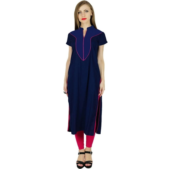 Bimba Women Summer Kurti Kurta Solid Yoke Blue Tunic Casual Boho Chic Blouse