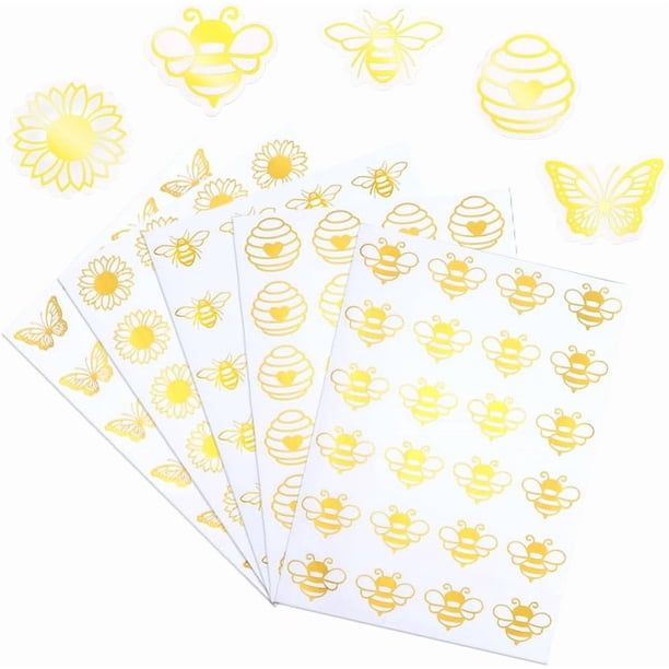 20 hojas de pegatinas doradas de 5 estilos, transparentes, autoadhesivas, con forma de panal de abeja, mariposa y girasol, para sellar sobres, primavera