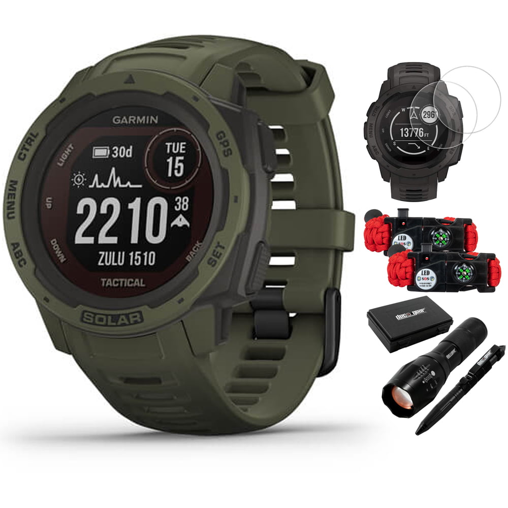 Garmin 010-02293-14 Instinct Solar Rugged Outdoor Watch Tactical Edition  Moss Bundle with Screen Protector 2-Pack, 2-Pack Emergency Bracelet with  SOS 