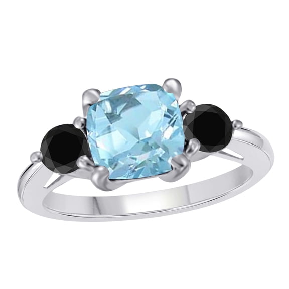 Mauli Jewels Rings for Women 2.2 Carat Cushion Shape Aquamarine And Black Diamond Gemstone Ring Prong-Setting 10K White Gold