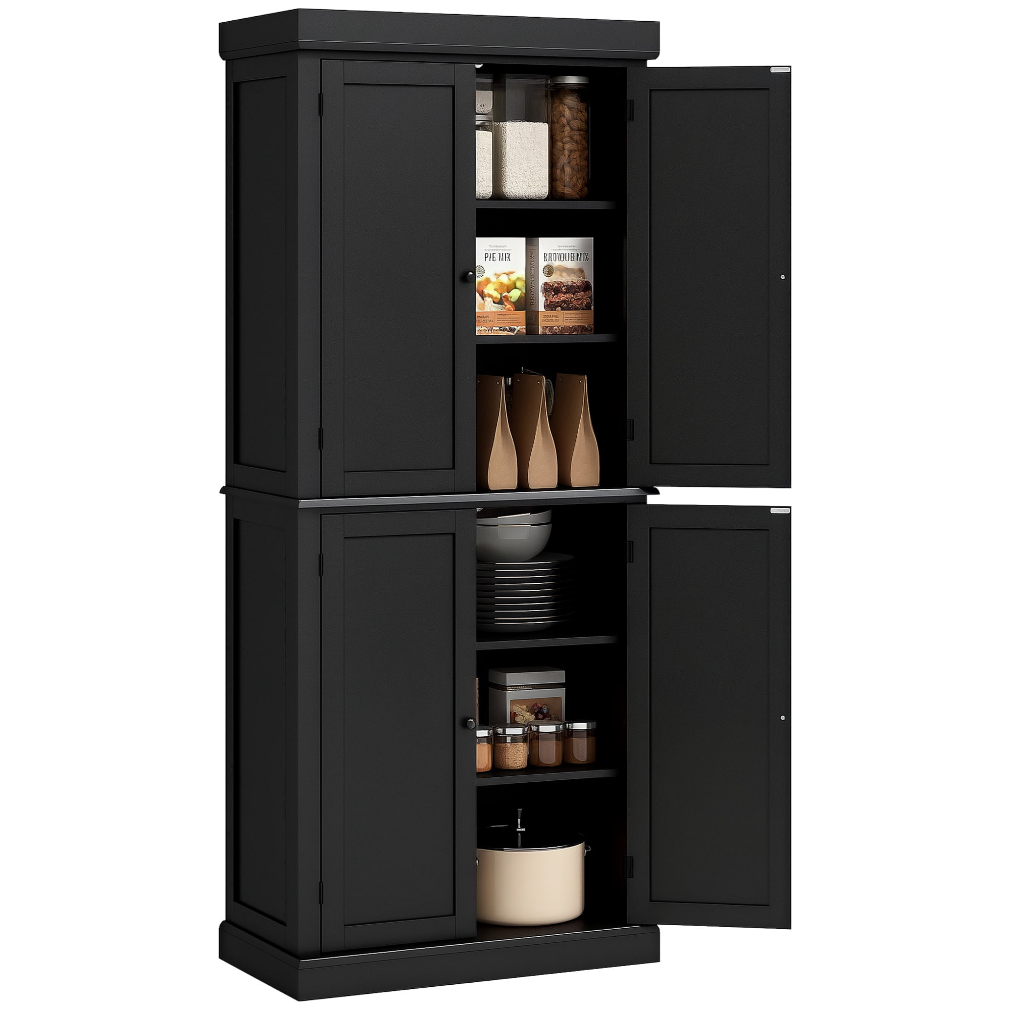 HOMCOM 72" Traditional Freestanding Kitchen Pantry Cupboard with 2 Cabinet, and Adjustable Shelves, Black