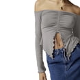 thumbnail image 5 of xiaxaixu Women's Crop Tops Solid Color Long Sleeve Off Shoulder Ruched Drawstring T-shirt for Spring Autumn, 5 of 5
