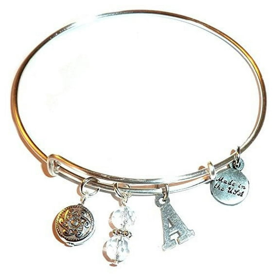 Hidden Hollow Beads "A" Initial Charm Expandable Wire Bangle Bracelet, COMES IN A GIFT BOX!
