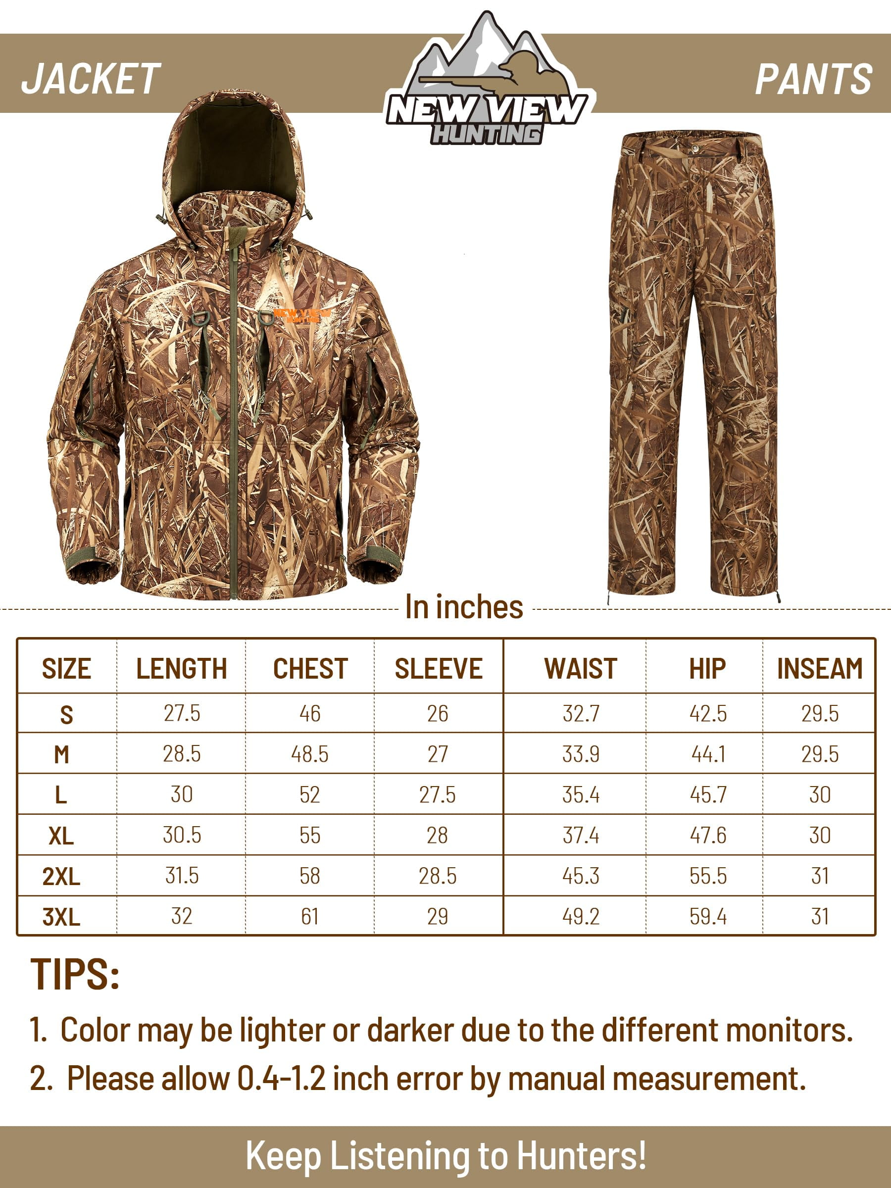 NEW VIEW Camo Hunting Clothes for Men, Quiet Warm Fleece Lining, Cold Weather Duck Hunting Jacket and Pants with Face Mask (Reeds Camo XL)