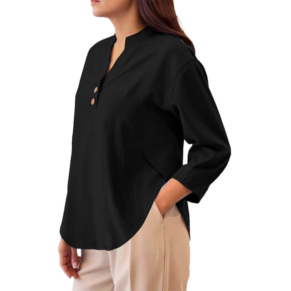 ManxiVoo Breathable Cotton Linen Shirt for Women Classic Button Down Blouse 3/4 Sleeve Top for Business Casual and Weekend Outfits L Size Black