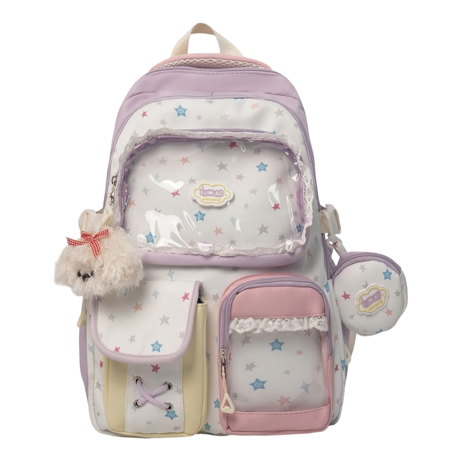 Kawaii Ita Backpack Cute School Bag for Girls Aesthetic Japanese Backpack with See-Through Window, Star Prints, Lace Trim & Plush Dog Charm for Teenage Primary Secondary School（Purple）