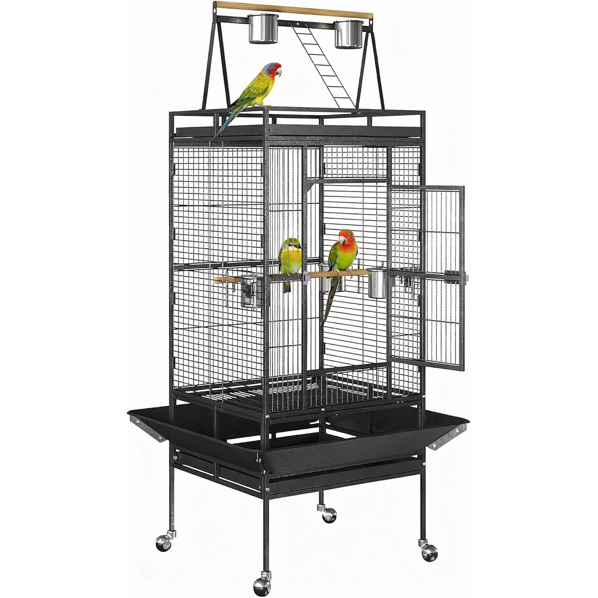 68-Inch Birdcage, Playtop Parrot Cage, Wrought Iron Bird Cage with Rolling Stand, Heavy-Duty Pet Bird House for Parrot Cockatiel Cockatoo Parakeet Macaw Finches, Black