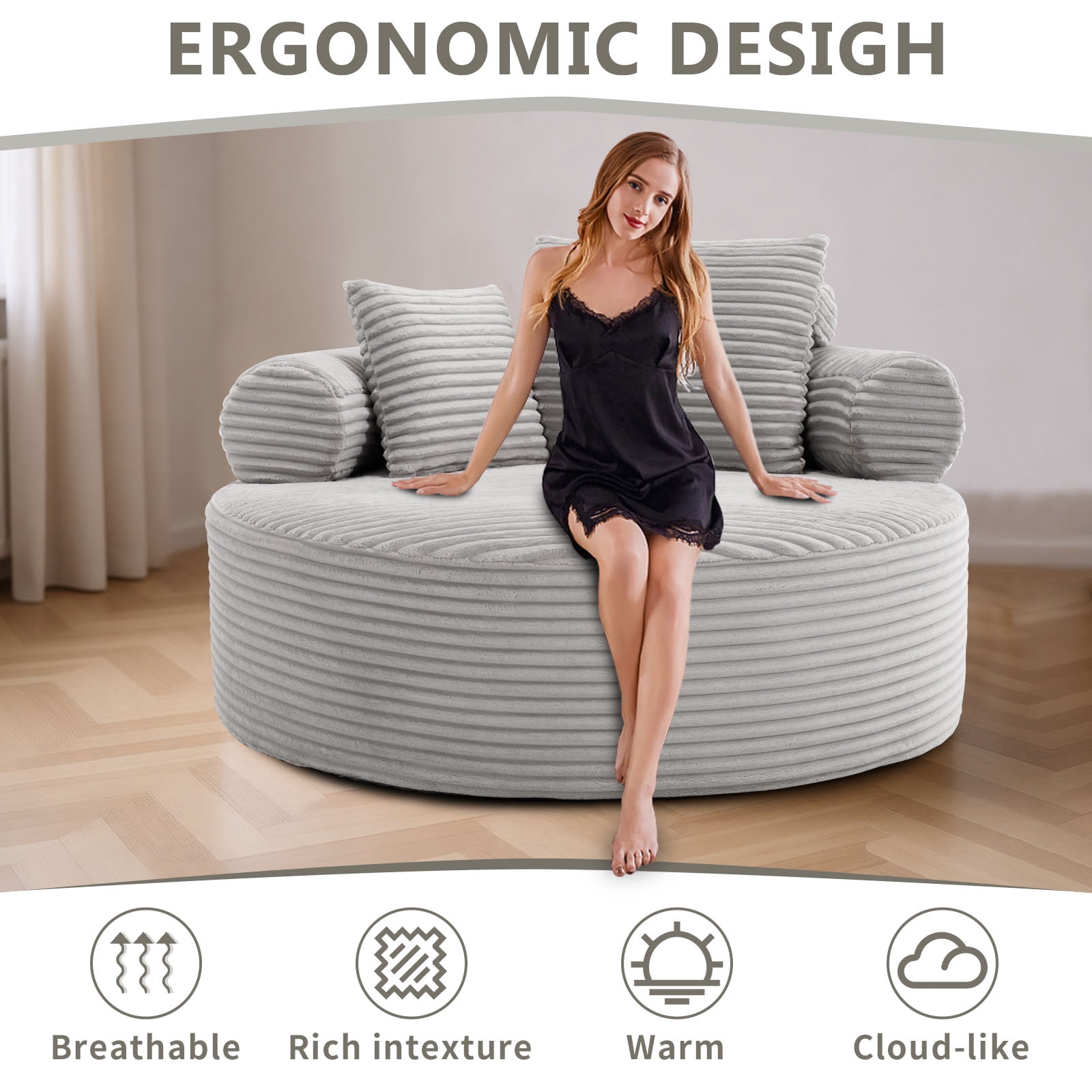 Miniyam 55.5" W Round Oversized Chaise Lounge Indoor for Living Room, Cloud Couch with 3 Pillows, No Assembly Required, Grey