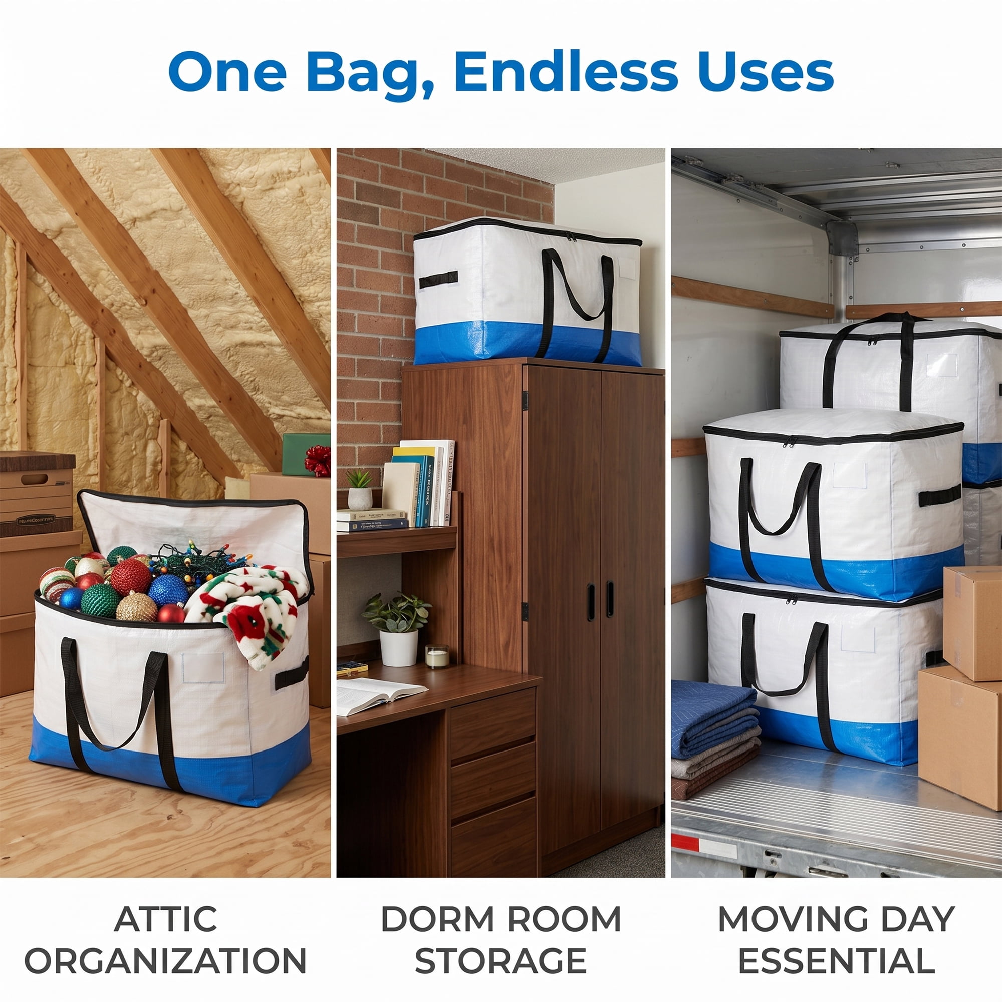Clothes Storage Foldable Moving Bags for Organizing Clothing White Blue 4Pcs