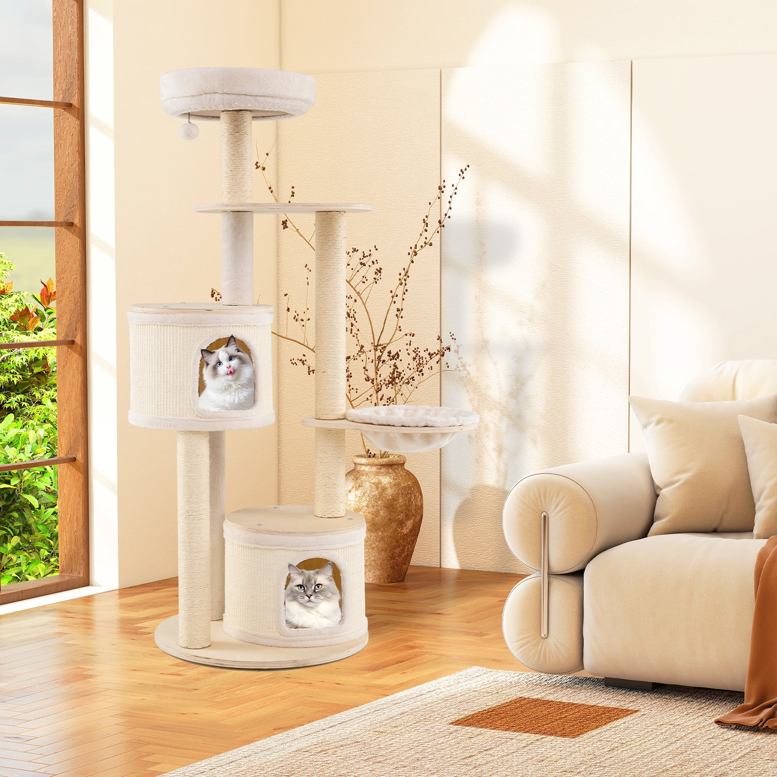 Gymax 60'' Tall Cat Tree Wooden Kitten Tower w/ Sisal Scratching Posts & Mat 2 Condos Perch Hammock