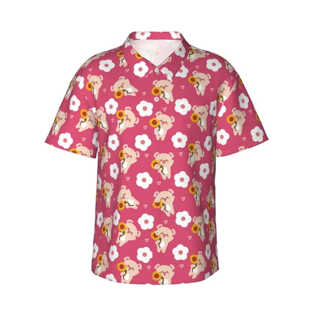 Balery Piggy Sunflower Camisas hawaianas de manga corta para hombre, camisas playeras de corte holgado, camisas de vacaciones con botones,Medium