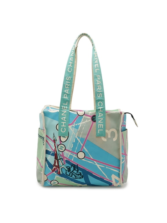 Pre-Owned CHANEL Paris Map Cruise Line Eiffel Tower Tote Bag Shoulder Canvas Sequin Blue...