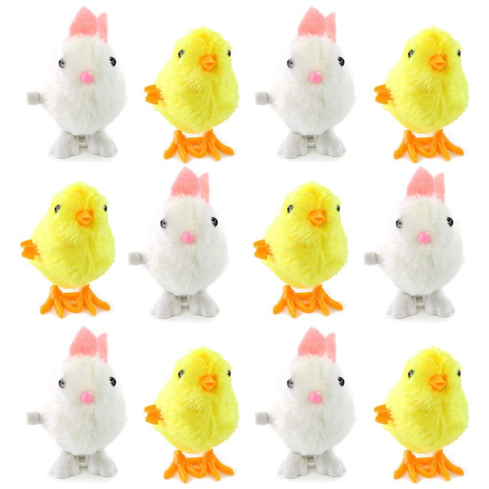 6 Happy Go Fluffy White Plush Bunny Rabbit & Yellow Chic Wind Up Toy Party Favor 