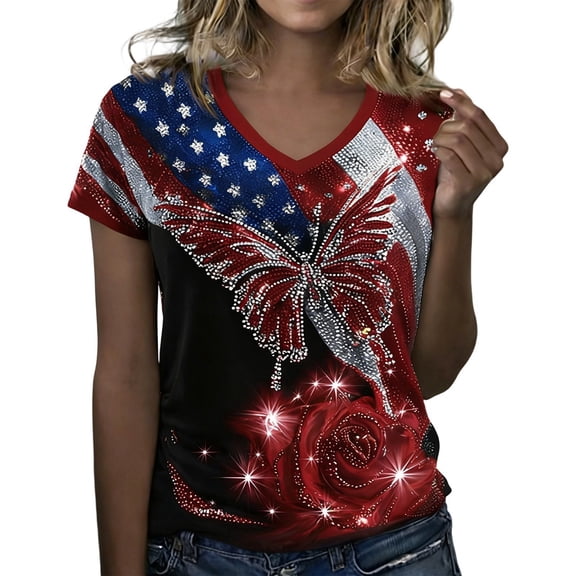 XAOFW Patriotic Graphic T Shirt For Women Casual Fourth Of July T-Shirts Short Sleeve Summer Tee Outdoor Activities Stylish Top
