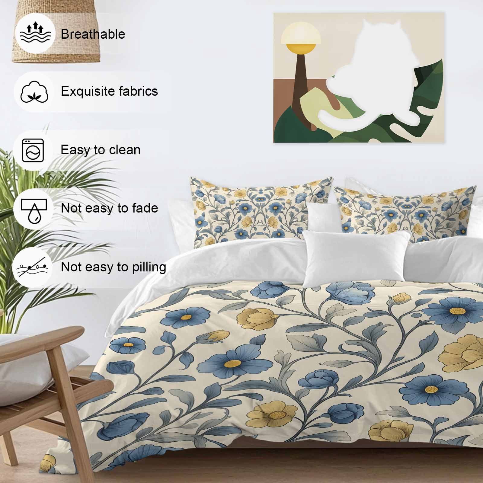 Vintage Blue Yellow Bedding 3 Piece Duvet Cover Set Full Size, Spring Enchanted Garden Florals Soft Microfiber Comforter Cover with Zipper Closure & Pillowcases, Wrinkle & FadeResistant Quilt Cover