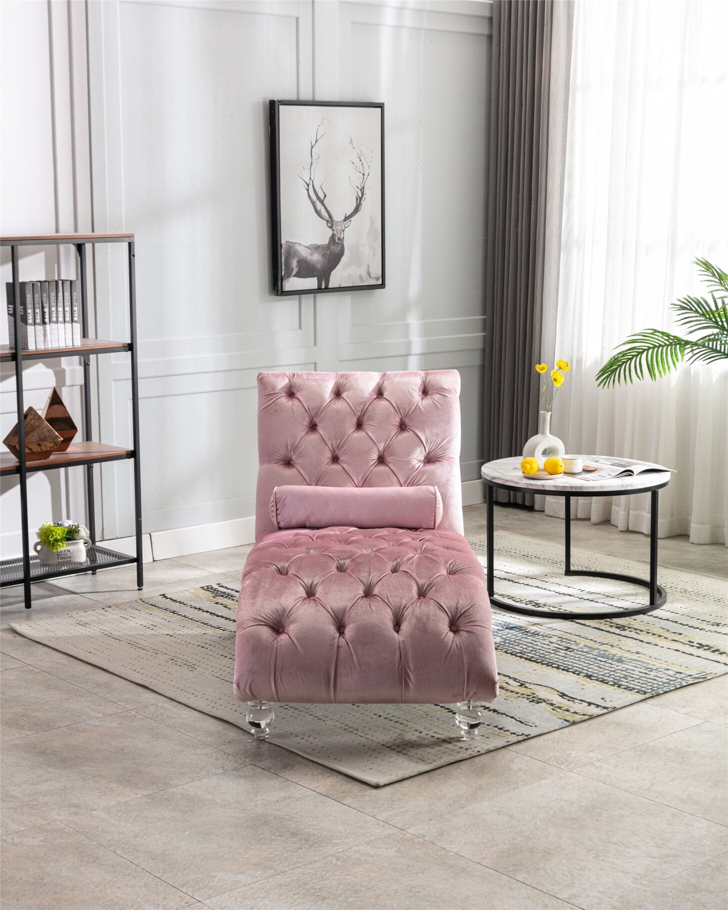 Tufted Velvet Chaise Lounge Leisure Upholstered Sofa Couch with Acrylic Feet and Lumbar Pillow Modern Upholstered Couch with Tufted Button for Living Room Bedroom and Reading Room Pink Walmart