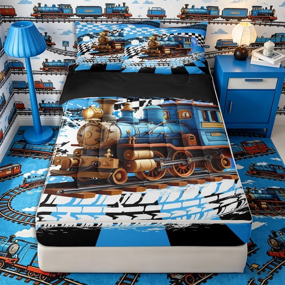 Castle Fairy Cool Steam Train Zipper Twin Comforter Sets with Fitted Sheet and 2 Pillowcases for Boys,Retro Locomotive Graphic Zipper Bedding Set for Bedroom,Blue,4-Piece,Black Reversible