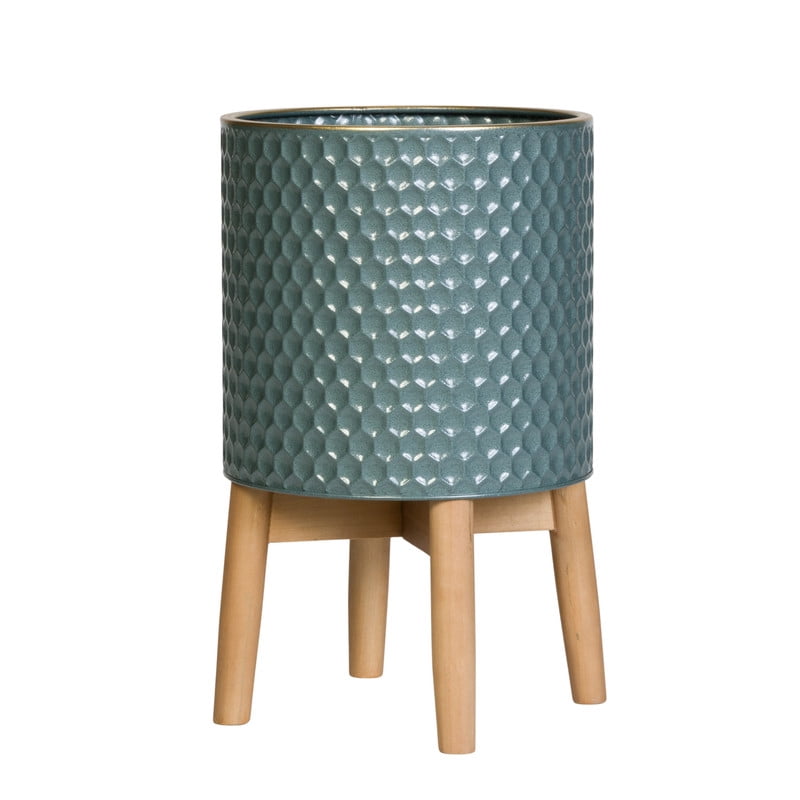 Honeycomb Metal Planter Pot With 4-Leg Wood Base - Blue-Green - 17"H x 10"W