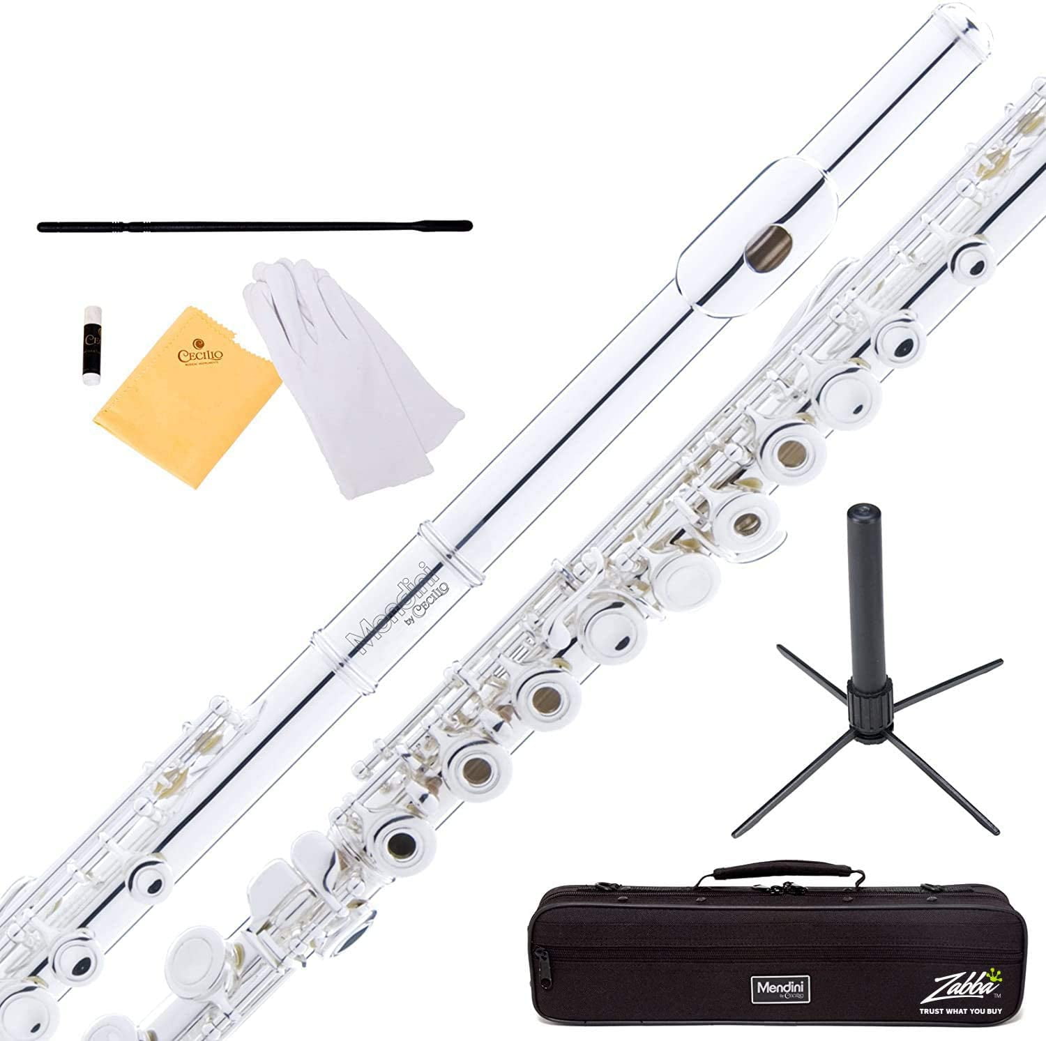 MFE-22S+SD+PB Stand Pocketbook and Deluxe Case Mendini by Cecilio Silver Plated Open Hole C Flute with Italian Pads