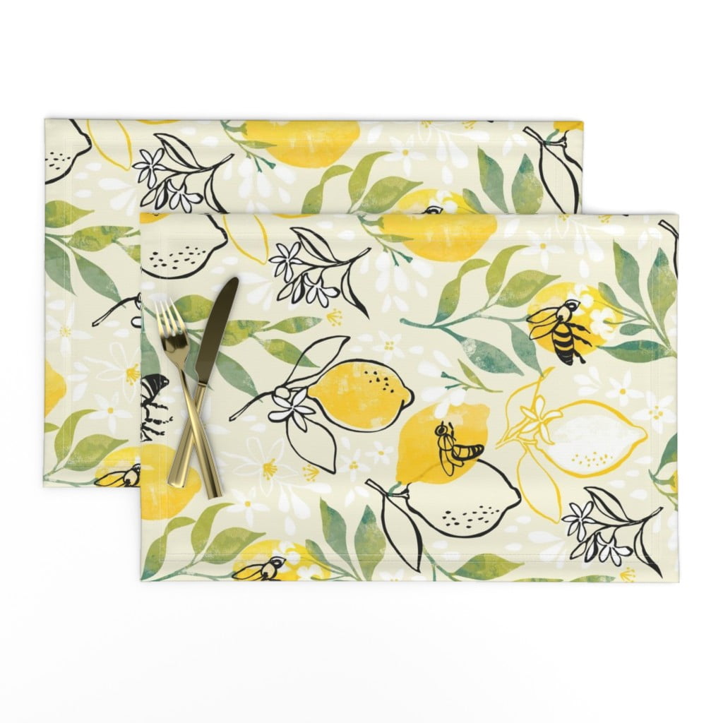 Linen Cotton Canvas Placemats (Set of 2) Bee Rotated Bees Botanical Lemons Citrus Yellow Lemon