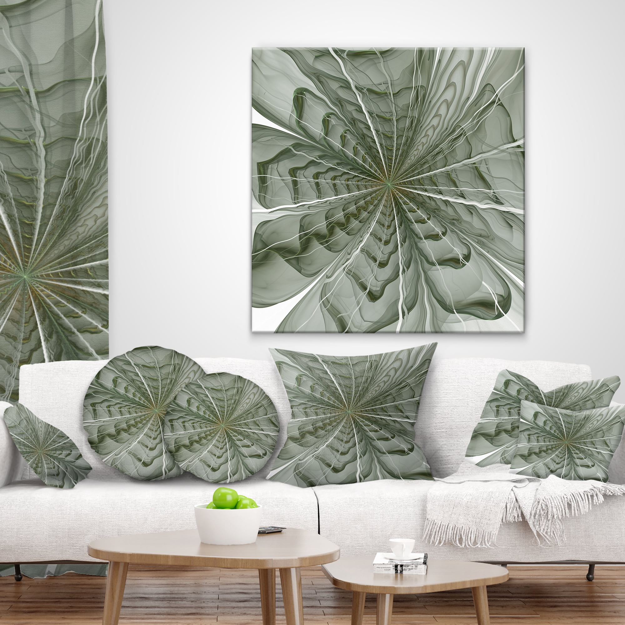Designart Symmetrical Light Green Fractal Flower - Floral Throw Pillow - 12x20