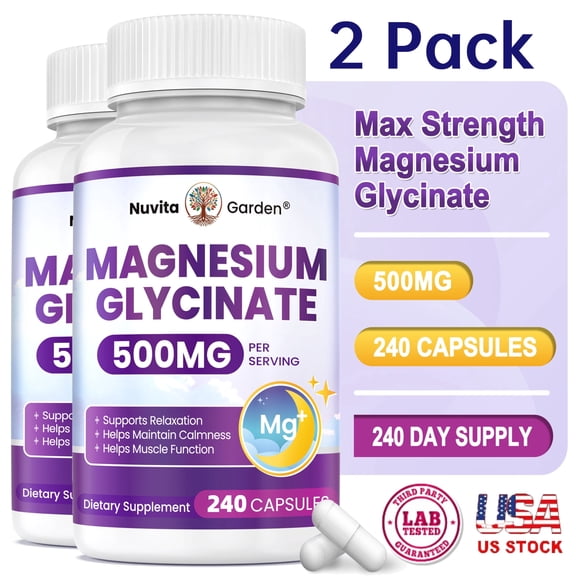 2 Pack 500mg Magnesium Glycinate Supplement to Support Stress Relief, Sleep, Heart Health, Nerves, Muscles, and Metabolism* - with Magnesium Glycinate - 240 Capsules