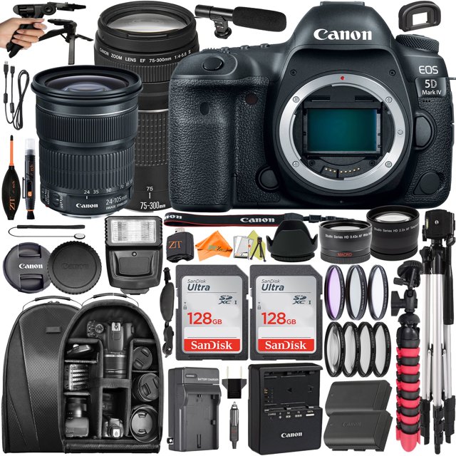 Canon EOS 5D Mark IV DSLR Camera with 24-105mm + 75-300mm Lens + 2 Pack 128GB + Backpack + ZeeTech Accessory Bundle