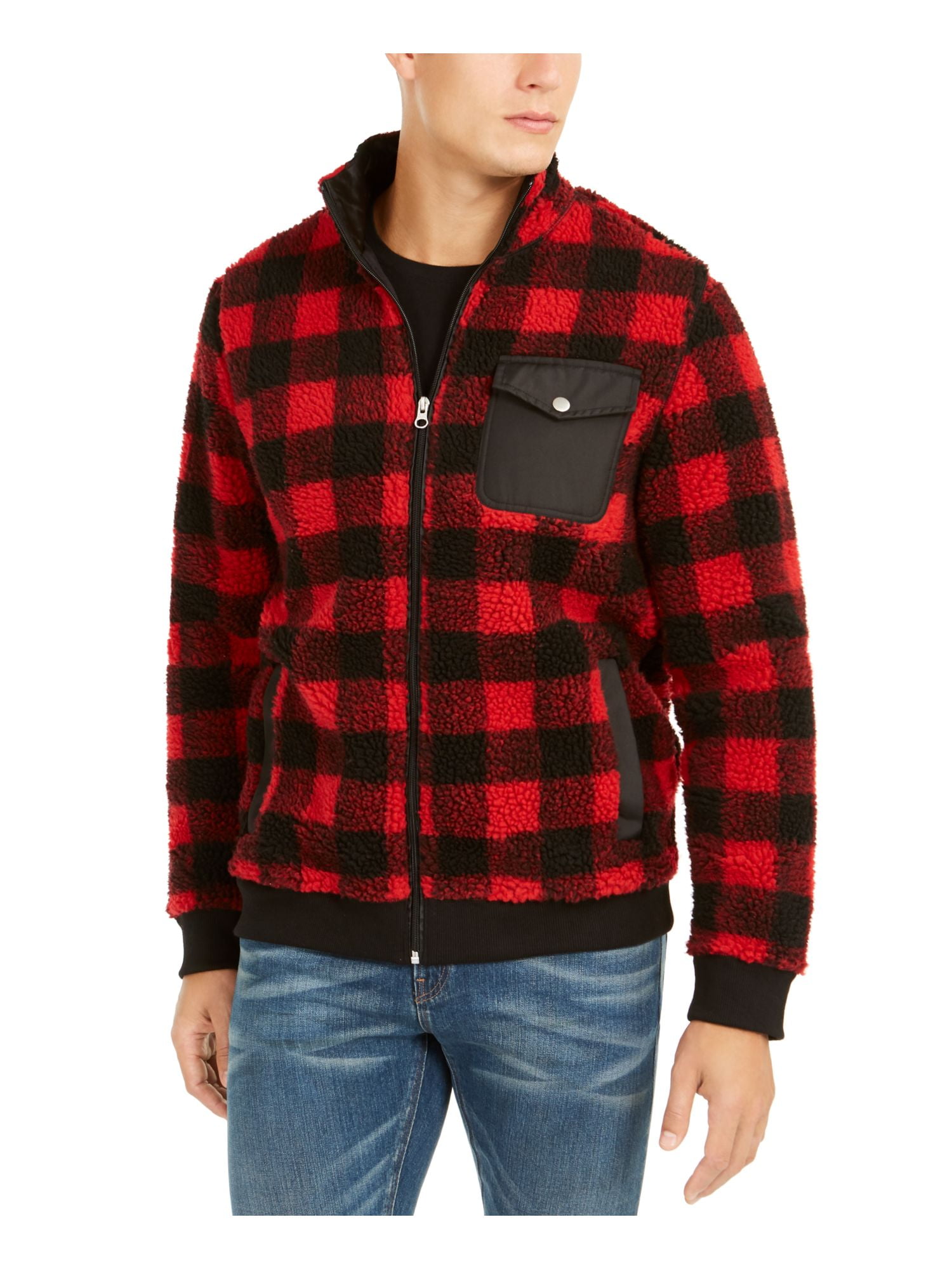 CLUBROOM Mens Red Plaid Fleece Zip Up Jacket S