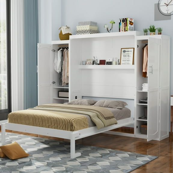 Queen Size Murphy Bed with 2 Wardrobe and Storage Shelf, Multifunctional Foldable Hidden Guest Beds, Murphy Cube Chest Cabinet Beds for Bedroom/Apartment, White