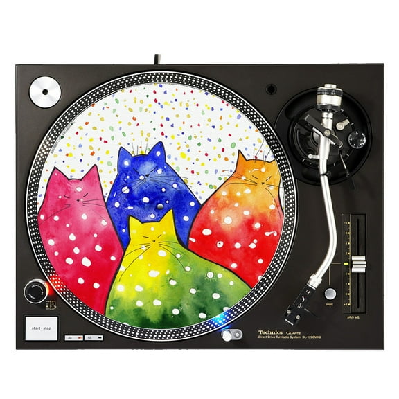 KuzmarK™ 12" DJ Turntable Slipmat - Fiesta Polka-Dot Kitties Abstract Cat Art by Denise Every