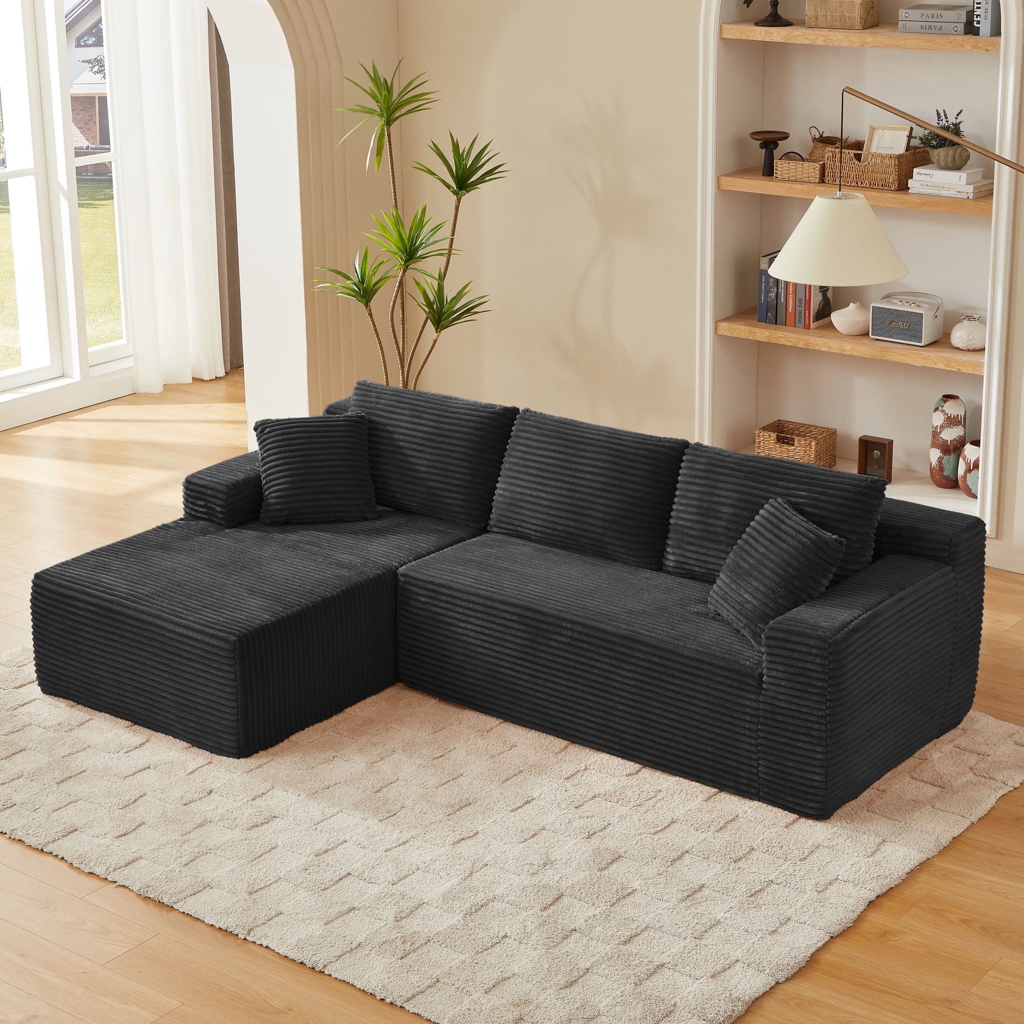 Leumius 103" Cloud Sectional Sofa Couch,3 Seat L-Shaped Couch with Deep Seat,Upholstered Corduroy Cloud Couch for Living Room,No Assembly Required,Black(Left Facing Chaise)