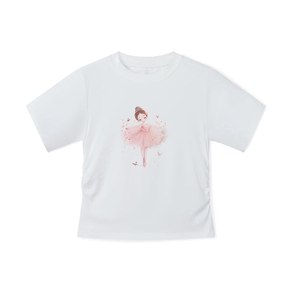 NIPAXO Girls T-Shirt Ballet Girl Print Cotton Blend Short Sleeve Ballerina Princess Graphic Tee for Girls, White, Sizes 4-5Y