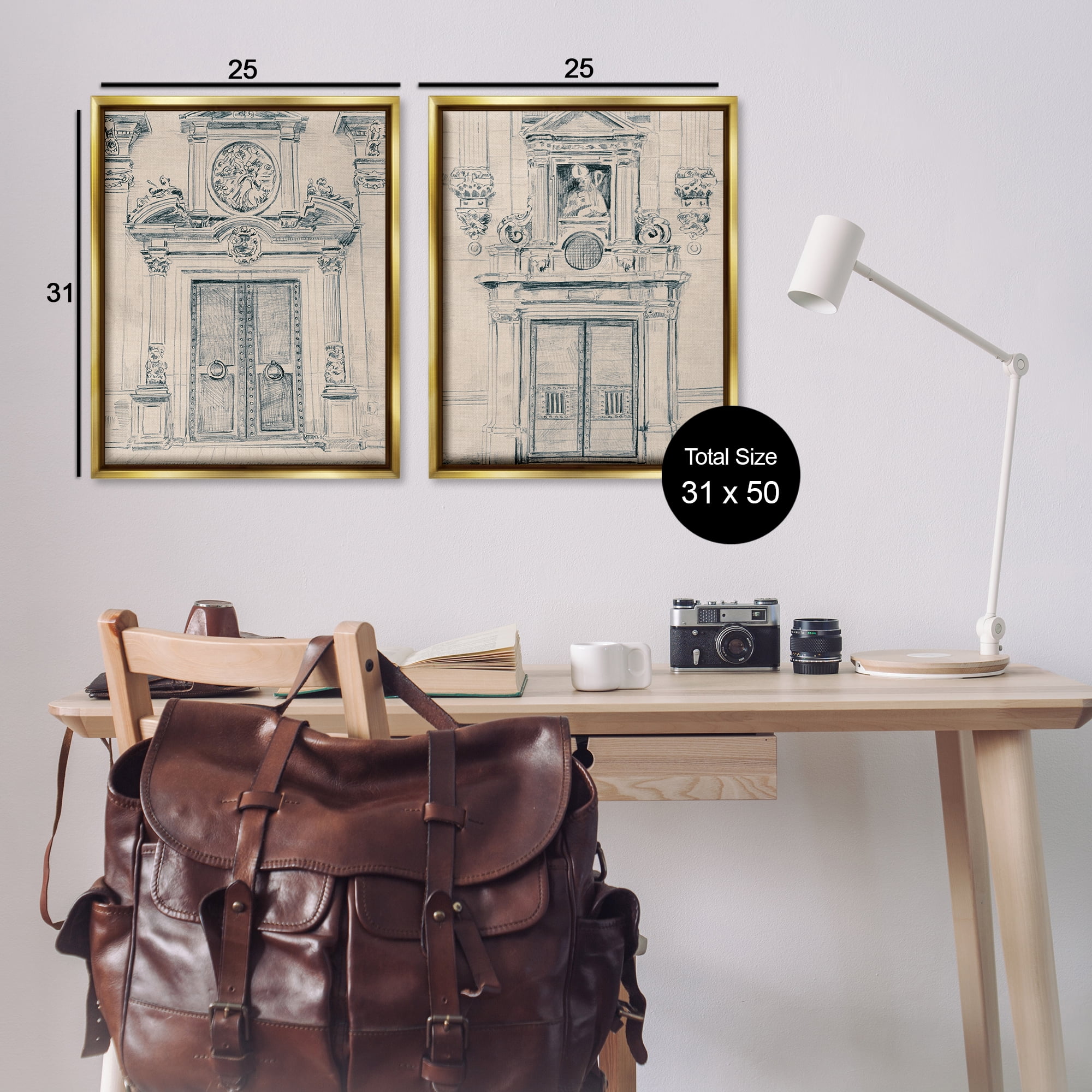 Stupell Industries Pencil Sketch Ornate Door Buildings & Architecture Drawing Gold Floater Framed Canvas Art Print Wall Art, 31 x 25, Set of 2