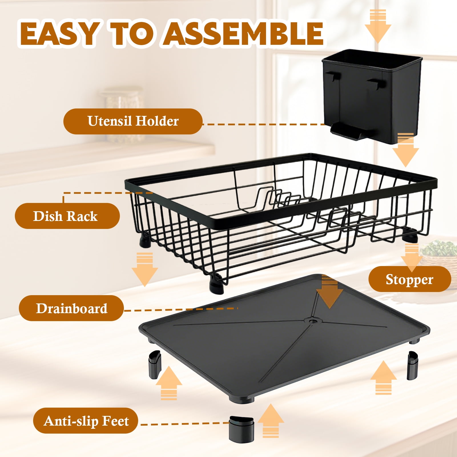 Godance Dish Drying Rack for Kitchen Counter, Stainless Steel Sink Organization and Storage with Cutlery Holder, Anti-Rust Drainage System, Apartment Essentials (Black, 14.9"L x 11"W)