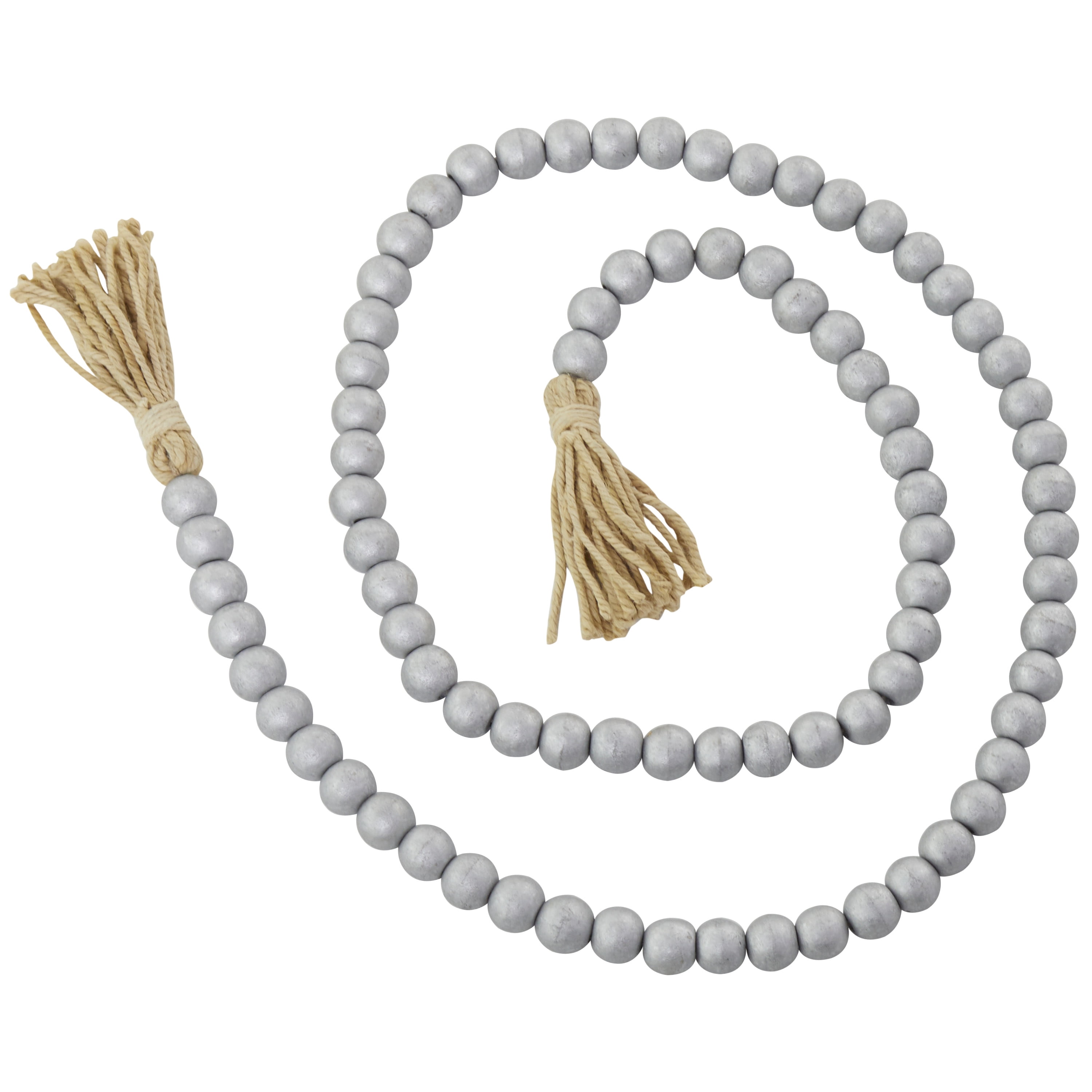 DecMode Handmade Round Metallic Long Carved Beaded Silver Mango Wood Garland with Tassel
